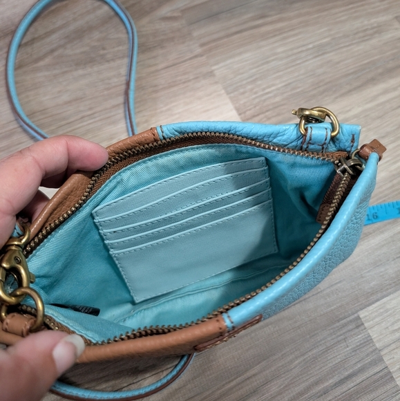 Fossil, Leather Convertible Crossbody Bag, Teal And Brown Color Block, Clutch - Picture 5 of 8